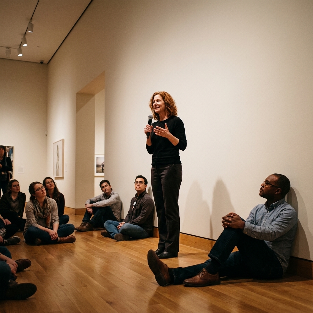 A museum gallery where visitors sit on the floor while a performer stands under track lights in front of a plain wall
