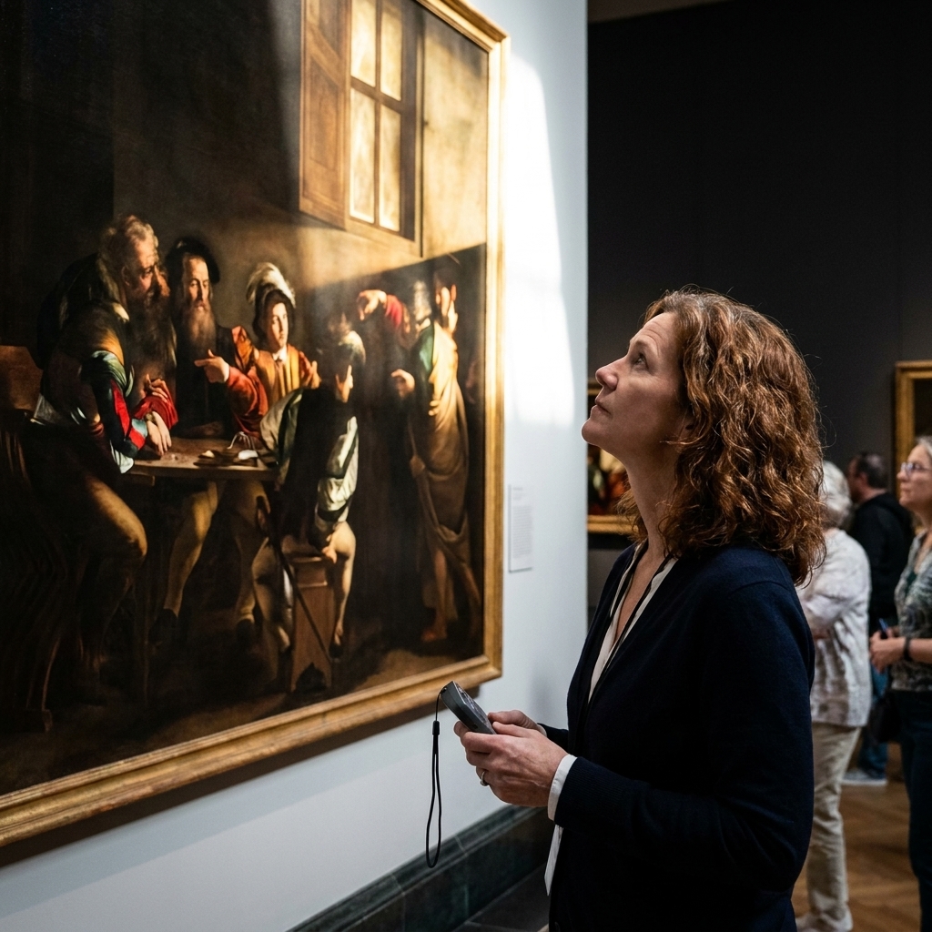 A museum visitor viewing Caravaggio's 'The Calling of Saint Matthew,' where a shaft of light cuts through darkness toward the seated figures