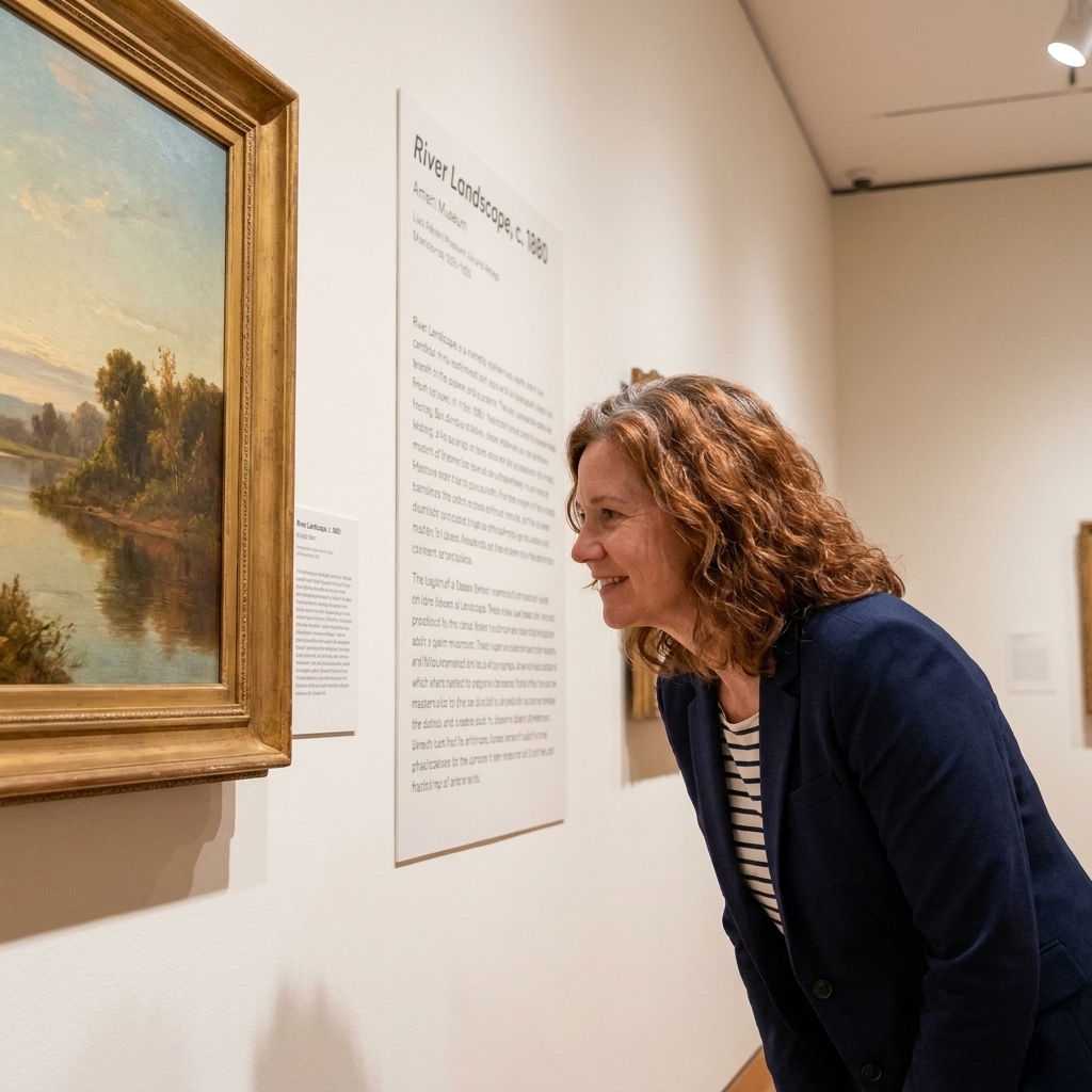 A museum wall with clean, readable interpretive text beside a framed artwork, with a visitor leaning in to read