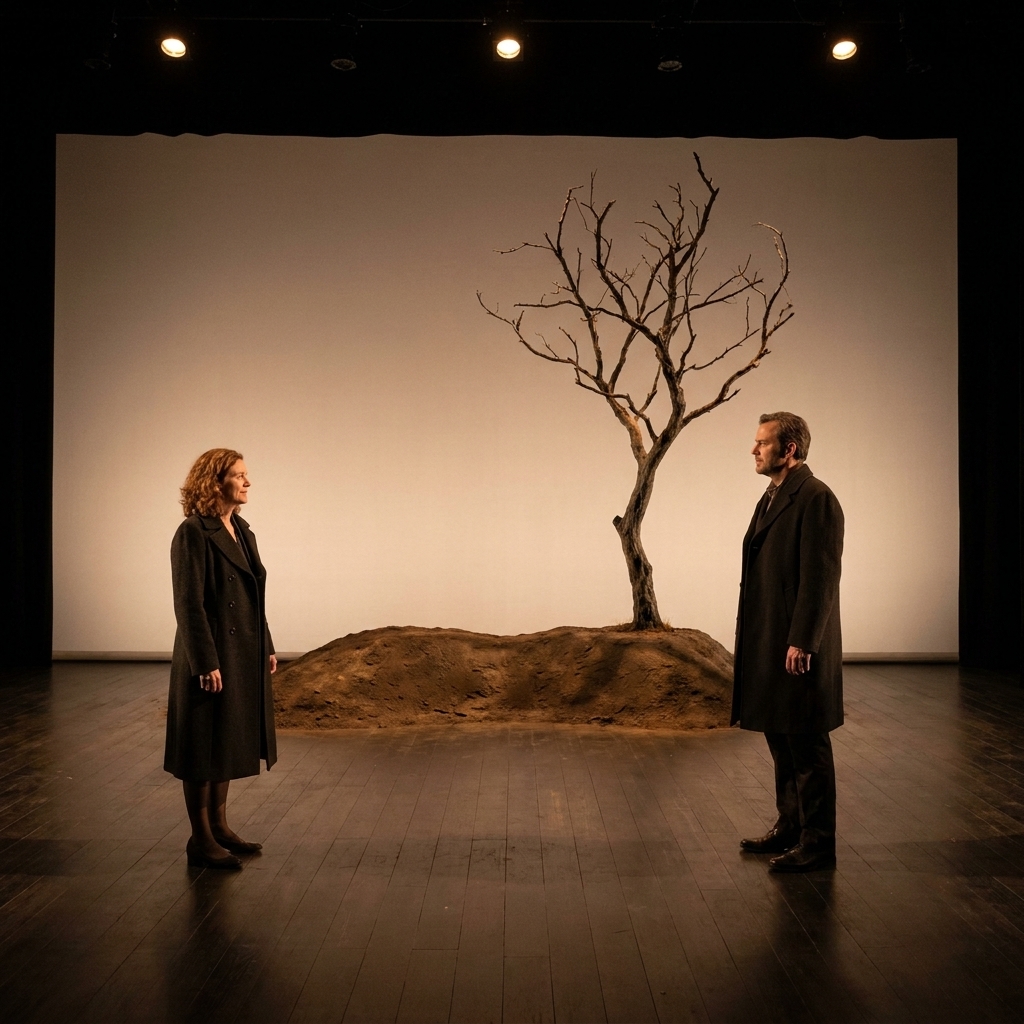 A nearly empty stage with a single bare tree and a low mound of ground, lit simply as two figures stand apart in stillness