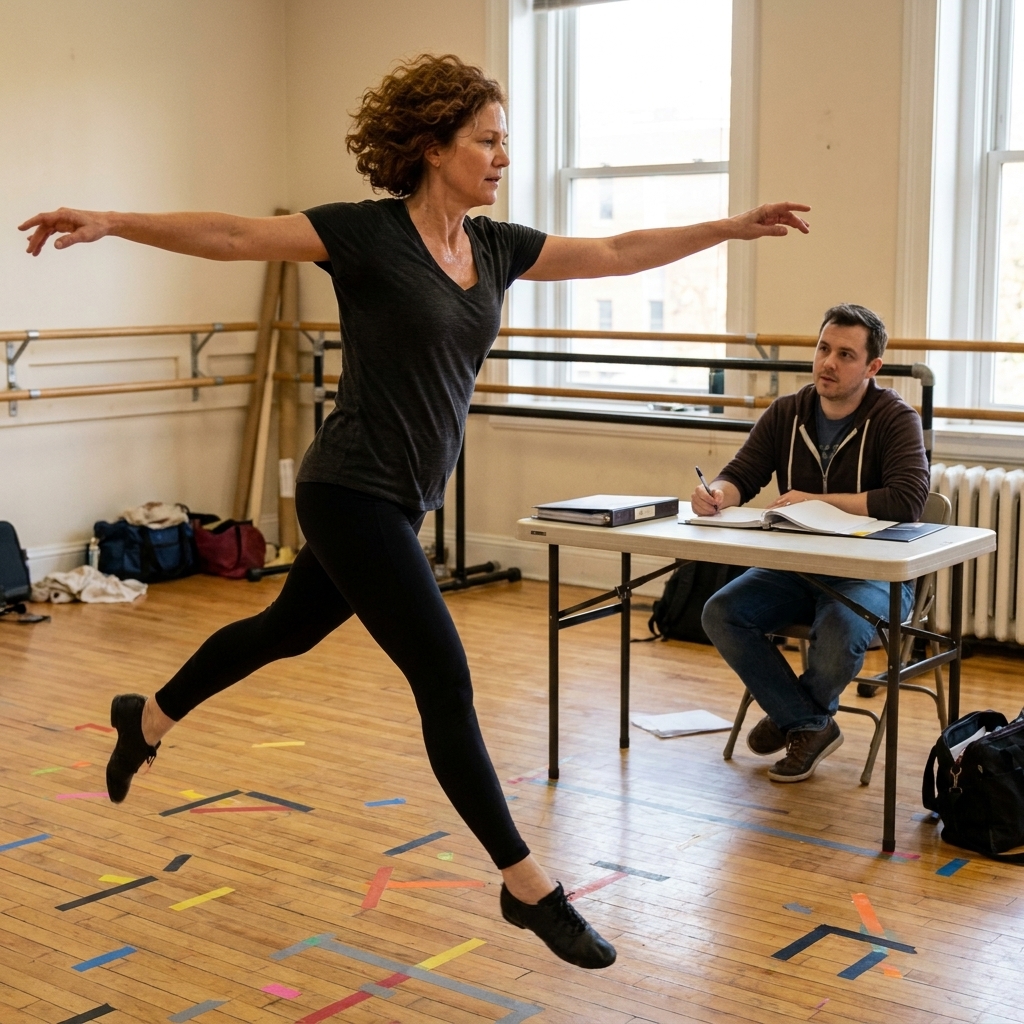 A performer mid-movement in a rehearsal studio with tape marks on the floor while a stage manager watches and takes notes