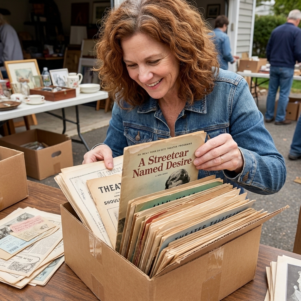 A person flipping through a cardboard box of old theater programs at an estate sale table, with delicate paper ephemera visible in the stack
