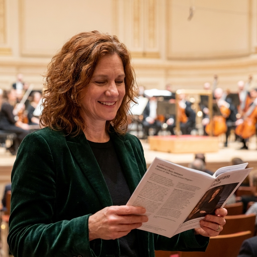 A person holding an open concert program booklet in a concert hall, with the orchestra stage softly blurred in the background