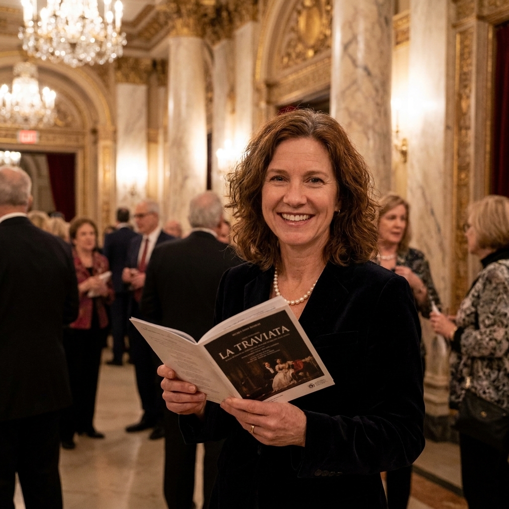 A person holding an opera program booklet in a softly lit theater foyer, with other patrons nearby and ornate architectural details behind them
