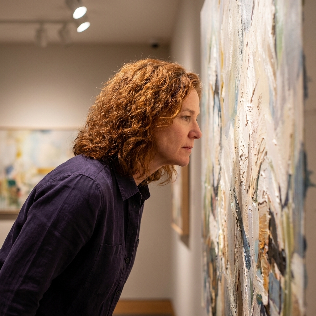 A person in a quiet gallery leaning in to closely examine the surface of a contemporary painting under track lighting