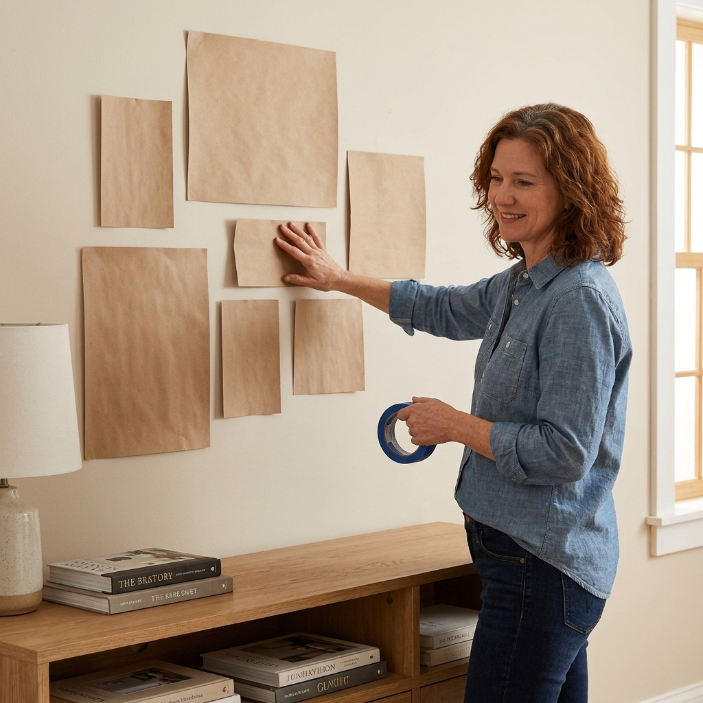 A person taping kraft paper templates to a wall to plan a gallery wall arrangement above a console table