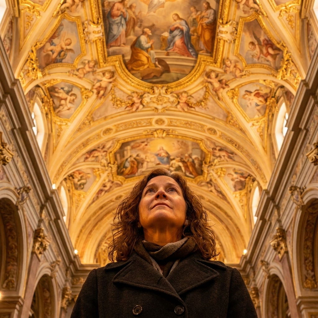 A photograph looking upward at an ornate Baroque church ceiling covered in gilded frames and painted scenes, lit warmly from below