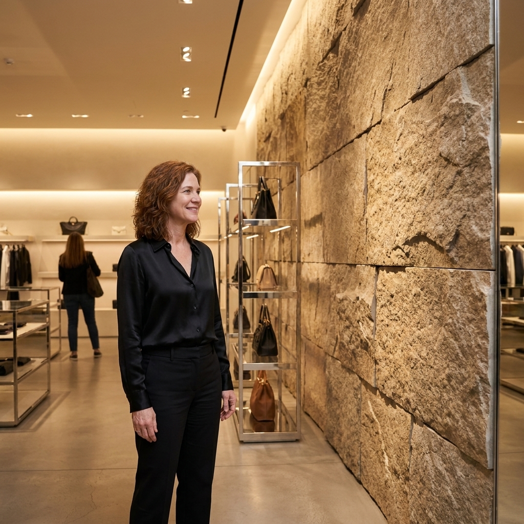 A photograph of a high-end retail interior with clean architectural lines, warm lighting, and a single richly textured feature wall that adds depth
