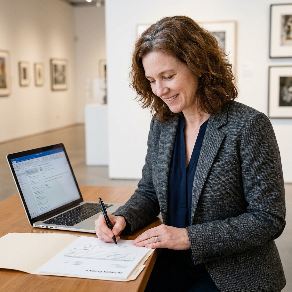 A photograph of a person seated at a gallery desk signing an artwork invoice, with a laptop, a pen, and a protective folder on the table