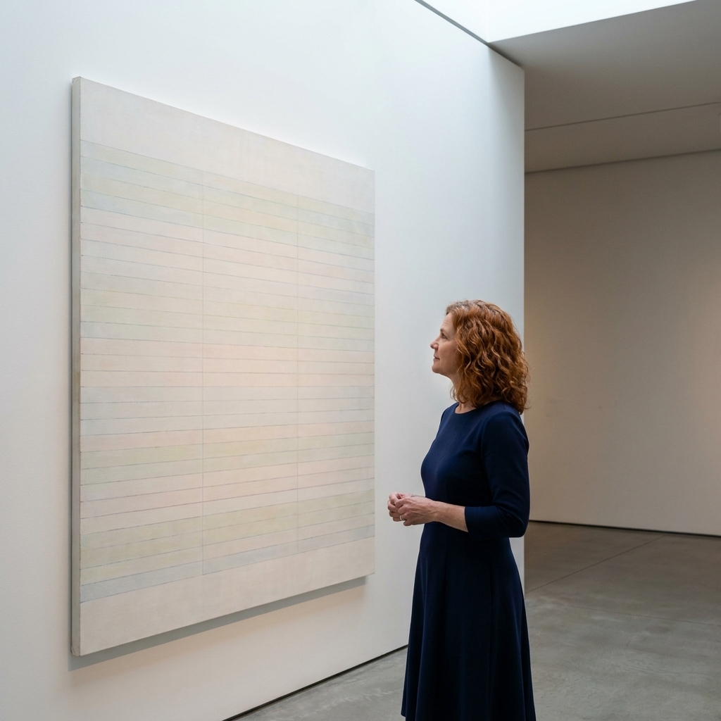 A photograph of a quiet gallery wall displaying a pale, grid-like Agnes Martin painting, with ample white space and soft museum lighting