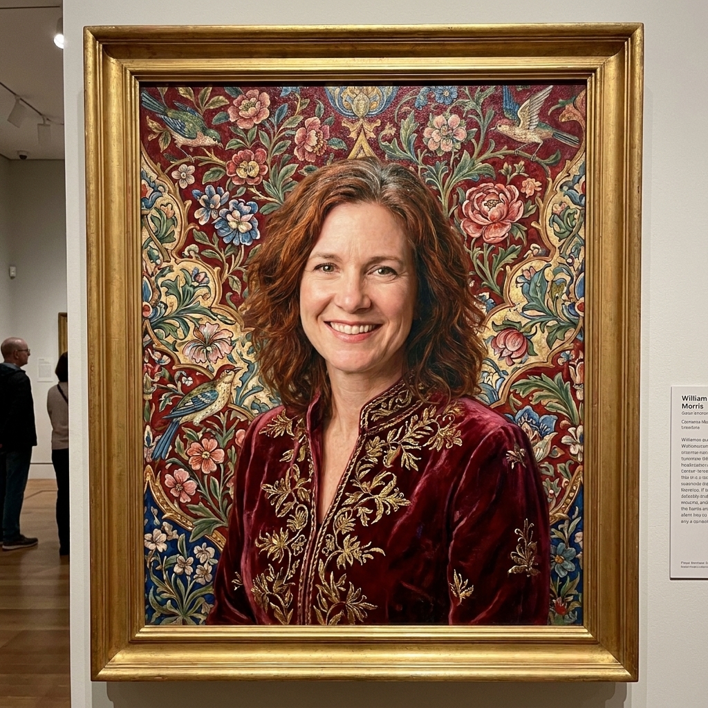 A photograph of a richly colored portrait painting in a museum, with a figure set against an intricate floral background filled with pattern and ornament