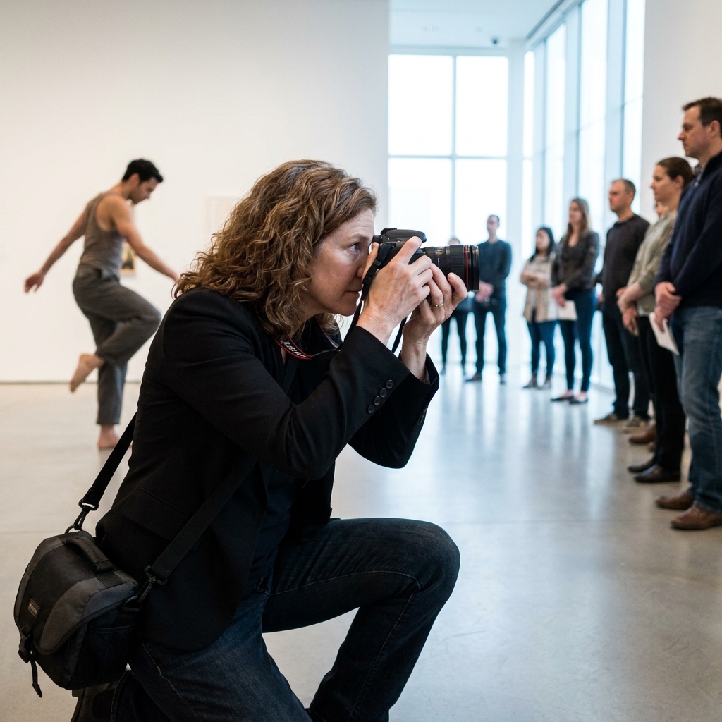 A photographer documents a live performance in a gallery while visitors watch, with minimal equipment and clear walkways