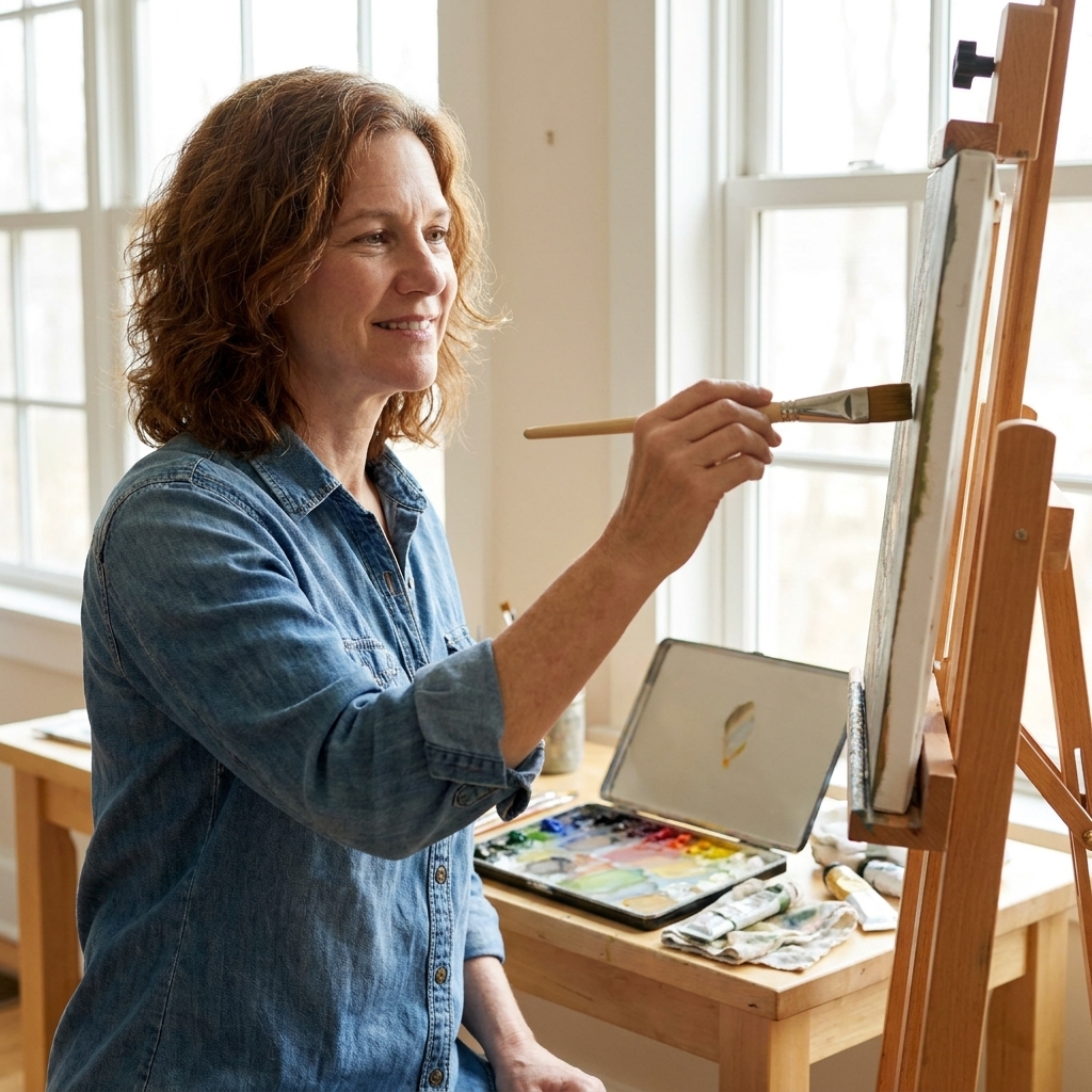 A portrait painter at an easel in a bright studio, applying paint to a canvas with a flat brush while a stay-wet palette sits open on a nearby table