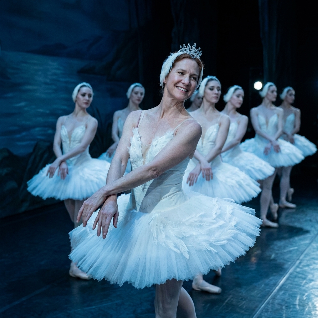 A principal ballerina in a white tutu and tiara performing as Odette with arms softly curved, surrounded by a line of swan corps dancers on a dimly lit stage
