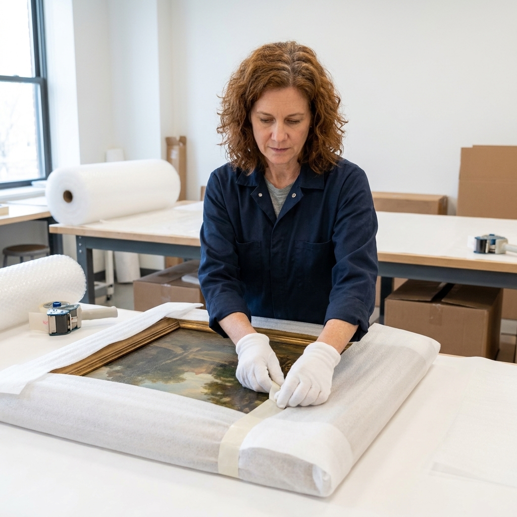 A professional art handler wearing gloves carefully wrapping a framed artwork with protective foam in a clean packing room