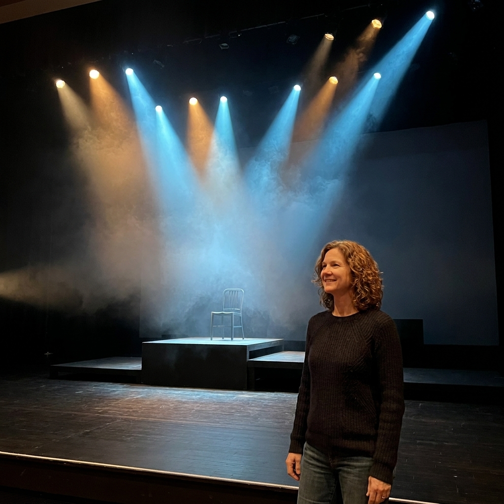 A proscenium stage during a lighting cue, with angled beams of light cutting through haze and illuminating a minimal set
