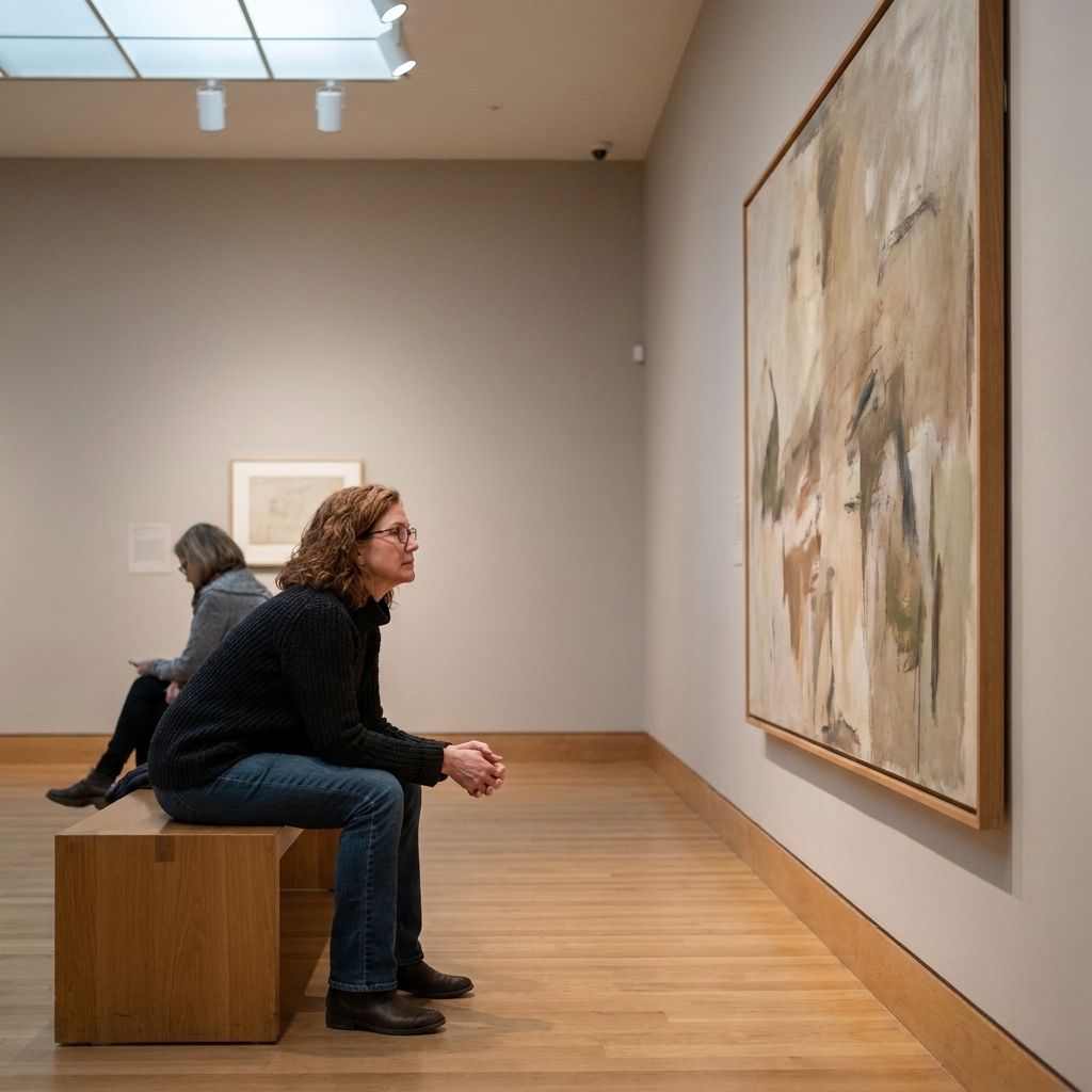 A quiet museum room with simple benches positioned facing a large painting, with visitors seated and looking closely