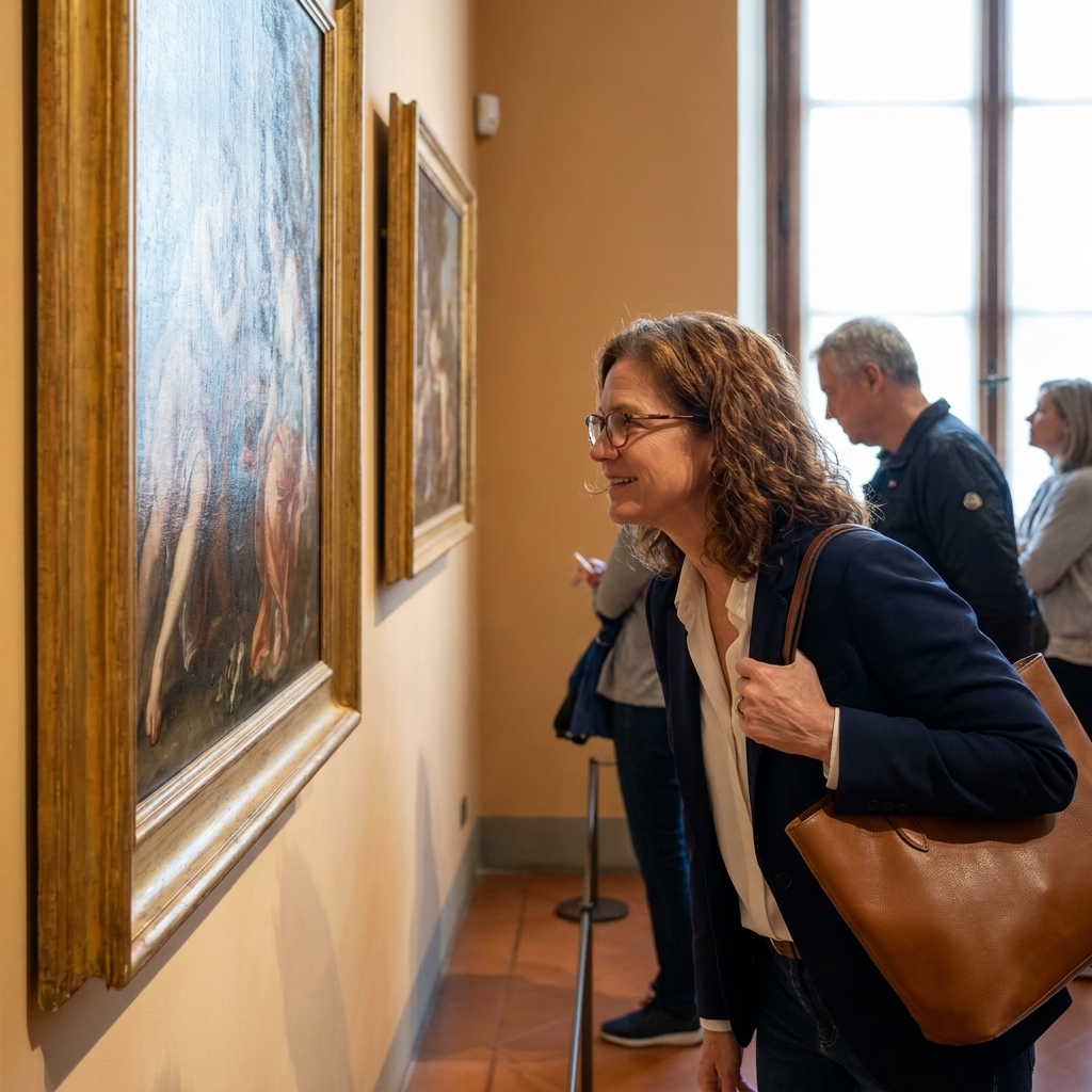 A quiet view inside the Uffizi Gallery with warm-toned walls, framed works, and visitors looking closely