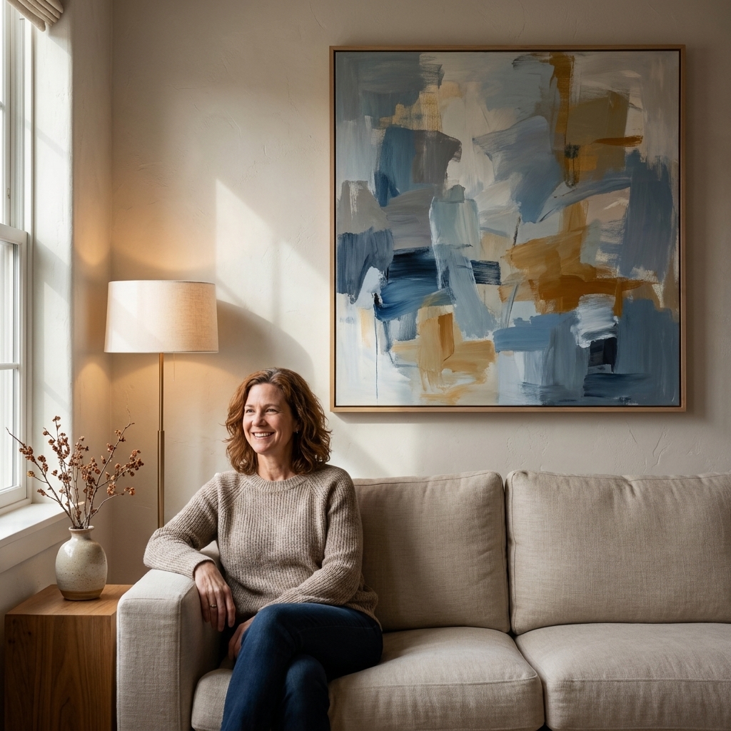 A real photograph of a framed contemporary artwork hanging in a softly lit living room above a neutral sofa, with natural light from a nearby window and minimal decor
