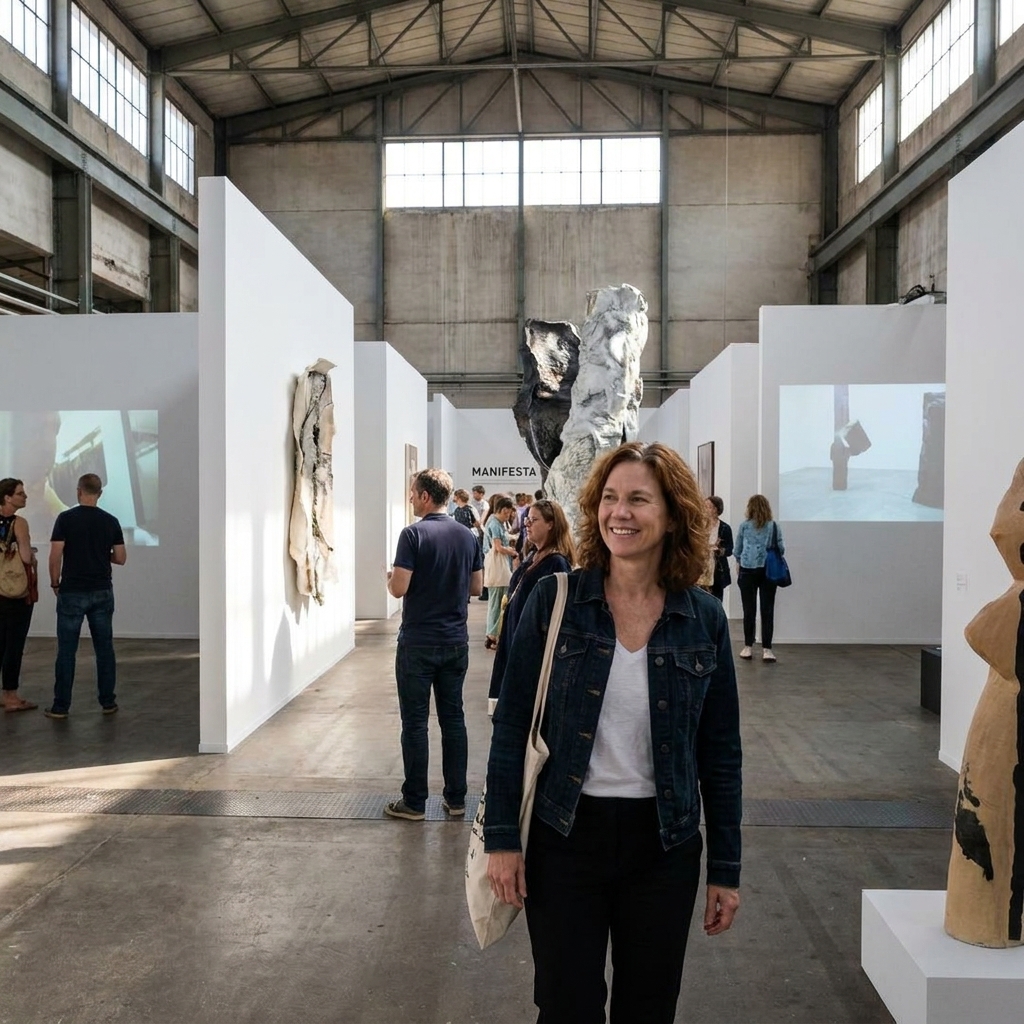 A repurposed industrial exhibition space hosting Manifesta with temporary walls, contemporary installations, and visitors walking through