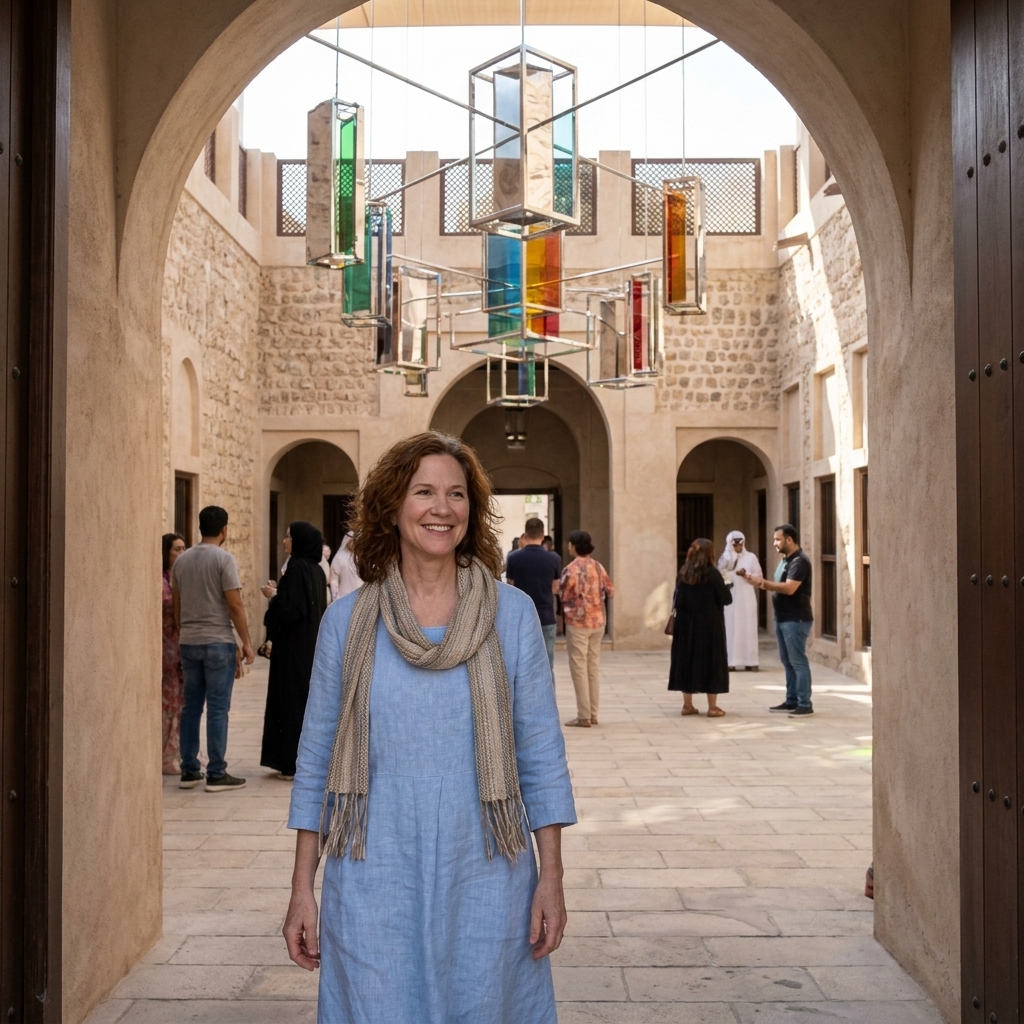 A restored heritage building in Sharjah with an interior courtyard hosting a contemporary installation and visitors moving through archways