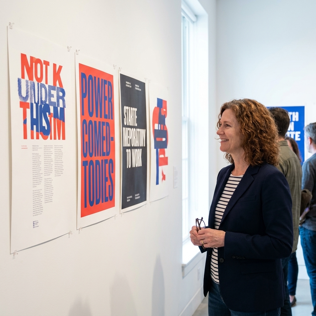 A row of contemporary graphic design posters pinned on a clean gallery wall while visitors view them from a few steps back