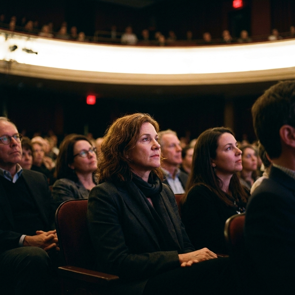 A seated theater audience in a dim auditorium watching a brightly lit stage, with faces turned forward in focused attention