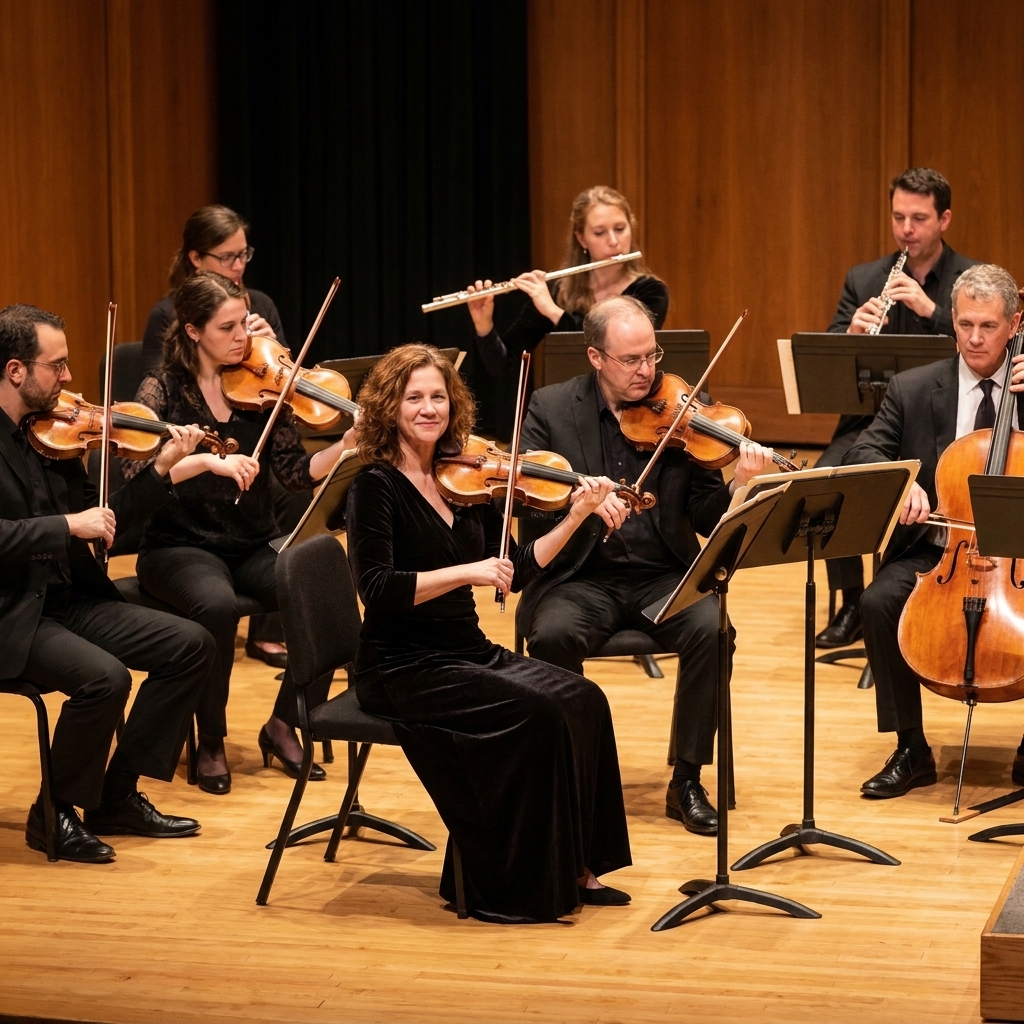 A small chamber orchestra on a warmly lit stage with a compact string section and a few wind players, arranged in a close semicircle