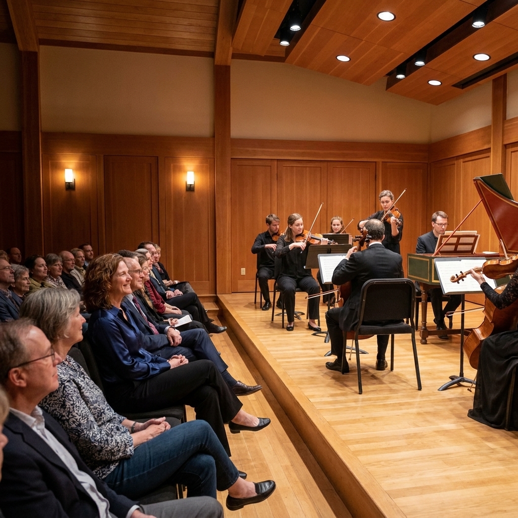A small concert hall interior with a chamber orchestra onstage and audience seated close to the performers, warm wood acoustics