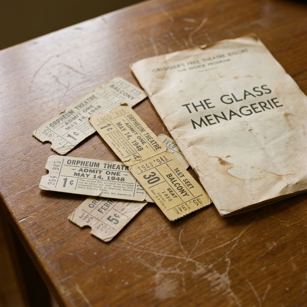 A small spread of vintage theater ticket stubs and a folded program laid out on a tabletop, showing worn edges and subtle discoloration