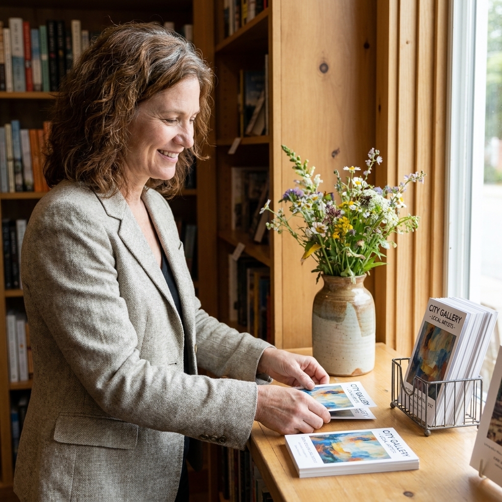 A small stack of exhibition postcards on a wooden bookstore counter beside a vase of flowers and a card holder