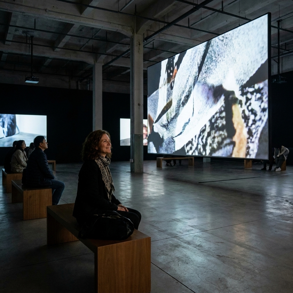 A spacious contemporary exhibition hall at the Gwangju Biennale with large video projections, dim lighting, and visitors watching from benches