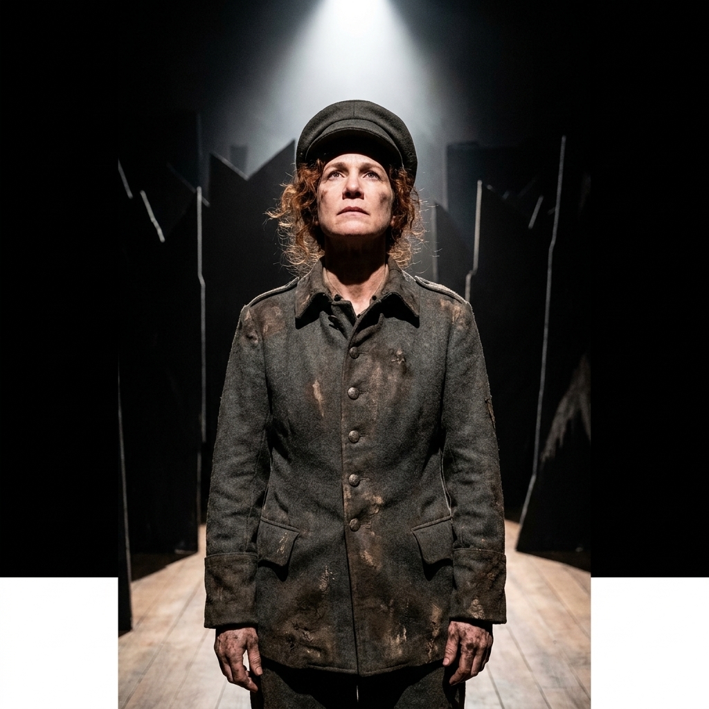 A stark, shadowy stage with expressionist angles and a lone soldier in worn clothing under harsh overhead light, evoking the modernist world of Berg's Wozzeck