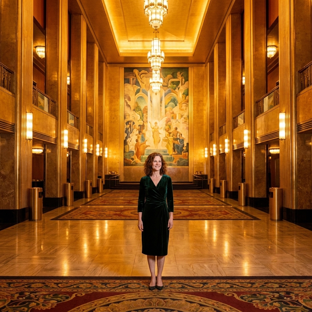 A symmetrical view inside the Radio City Music Hall lobby with warm lighting, repeating vertical lines, and a grand central focal point
