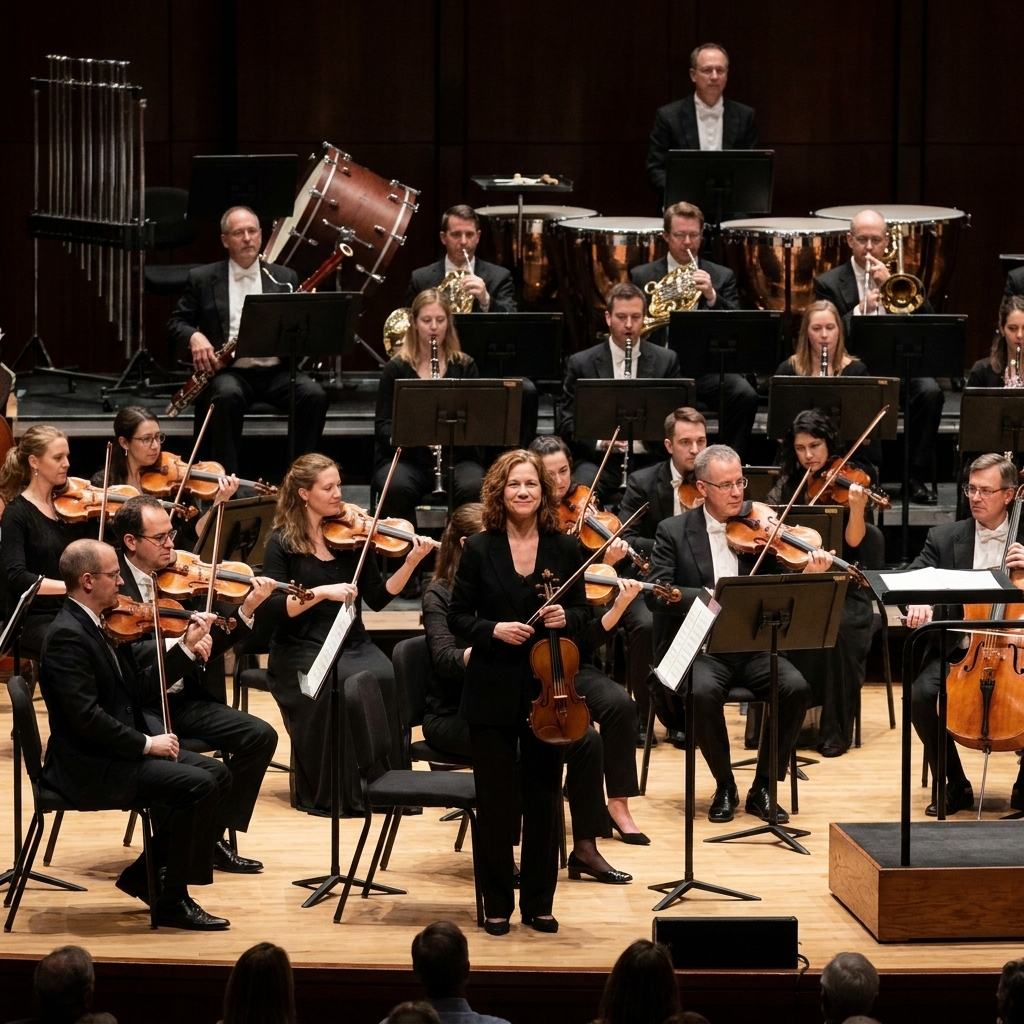 A symphony orchestra onstage with visible sections, including front-row strings, woodwinds seated behind them, brass further back, and percussion at the rear