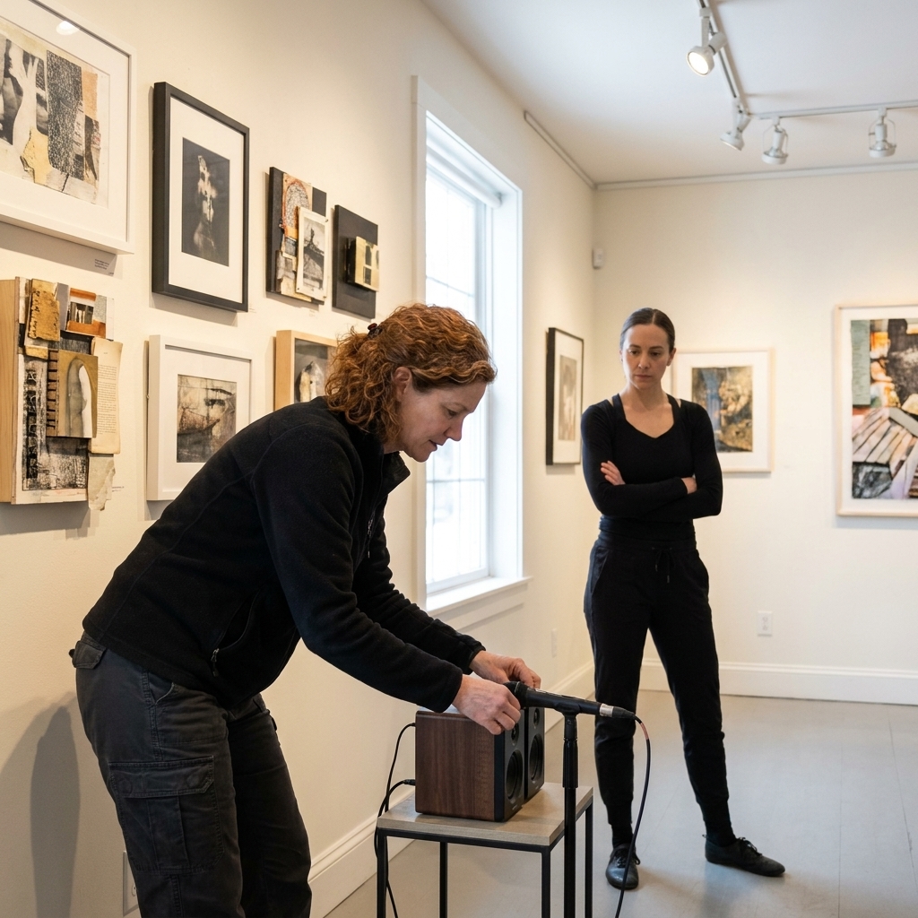 A technician adjusts a small speaker and microphone in a gallery while a performer waits nearby, with artworks visible on the walls