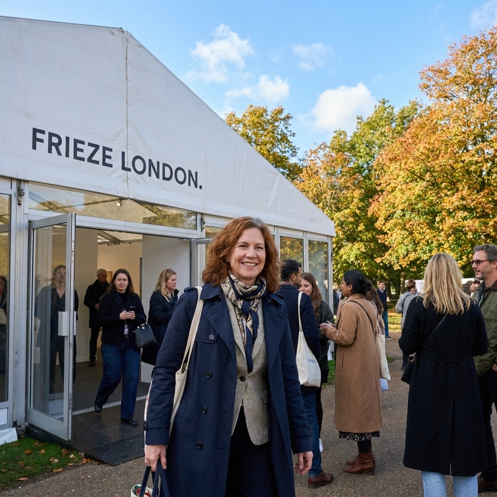 A temporary white tent structure at Frieze London in Regent's Park with visitors entering, trees surrounding the fairgrounds, and a crisp autumn sky