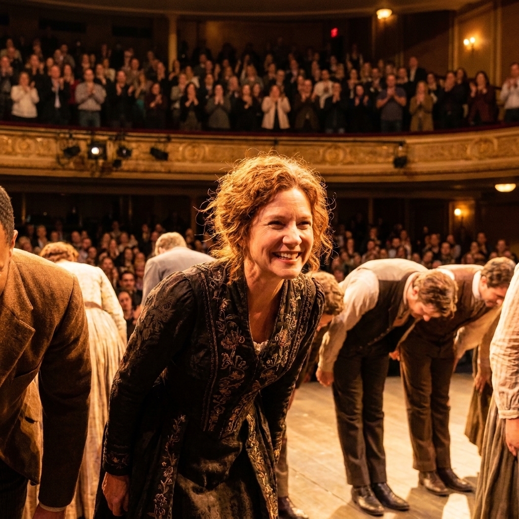 A theater curtain call moment with performers lined up on stage under warm lights, bowing as the audience applauds