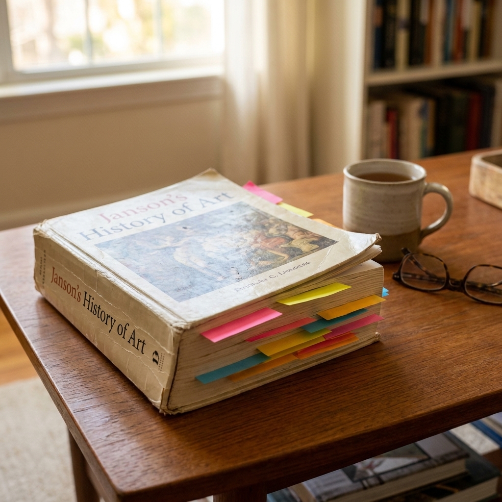 A thick, well-used art history book on a coffee table with colorful sticky notes peeking from the pages