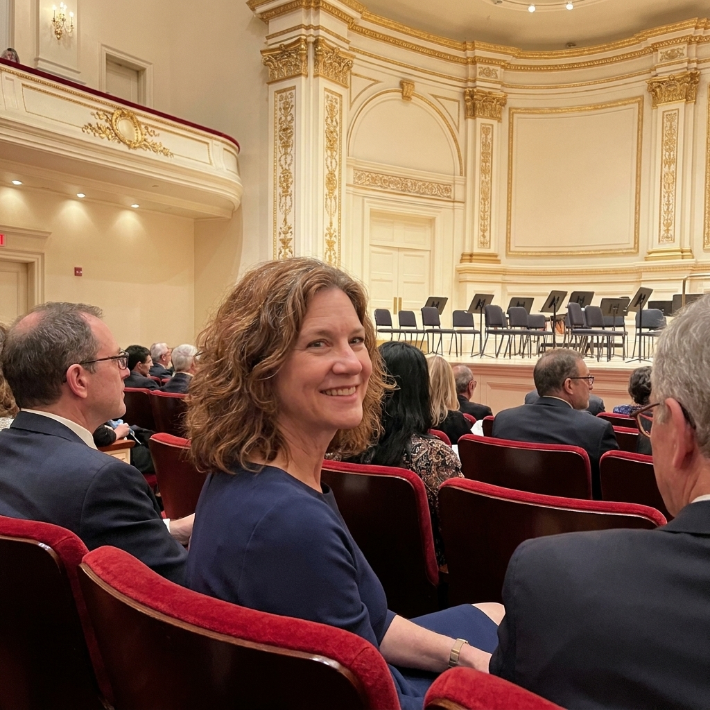 A view from the audience inside Carnegie Hall's Stern Auditorium, with cream-colored walls, gilded accents, and the stage set for an orchestra