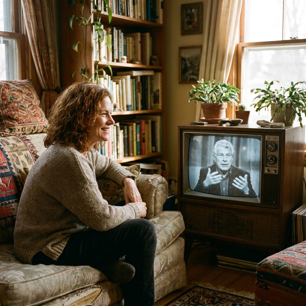 A vintage television set in a living room showing a black-and-white broadcast of John Berger speaking, photographed as a candid documentary still
