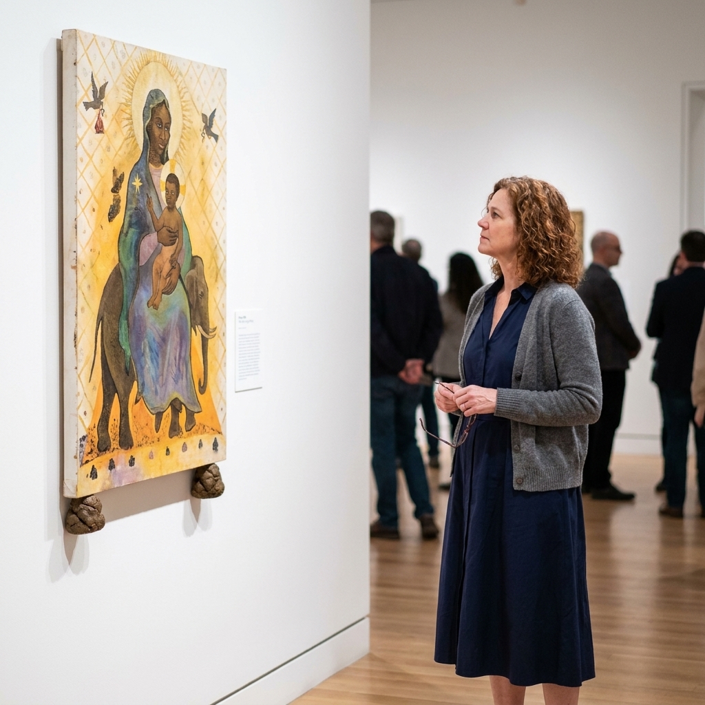 A visitor viewing Chris Ofili’s The Holy Virgin Mary at the Brooklyn Museum, standing at a respectful distance in a gallery space