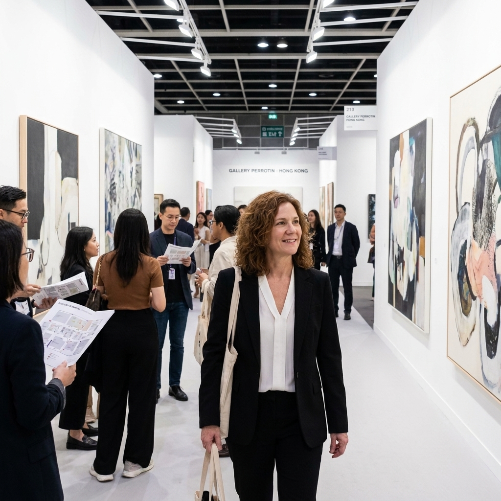 A wide aisle inside a major art fair hall in Hong Kong, with large contemporary paintings on booth walls and visitors moving between bright, evenly lit stands
