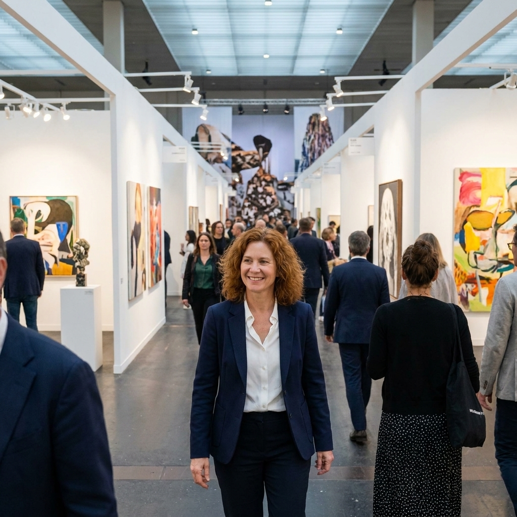 A wide aisle inside the Messe Basel halls with gallery booths on both sides, crowds moving through, and large contemporary artworks visible in the distance