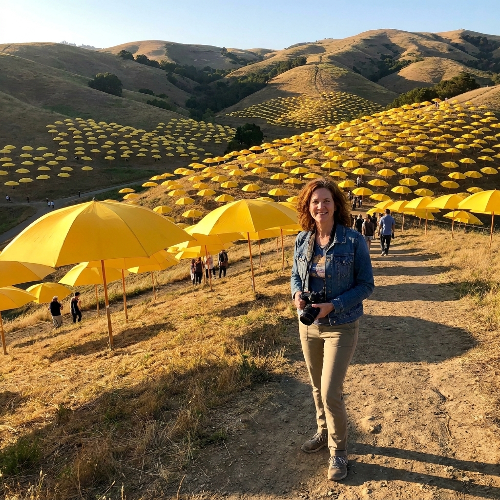 A wide outdoor view of Christo and Jeanne-Claude’s The Umbrellas installation in California, with large yellow umbrellas spanning a valley