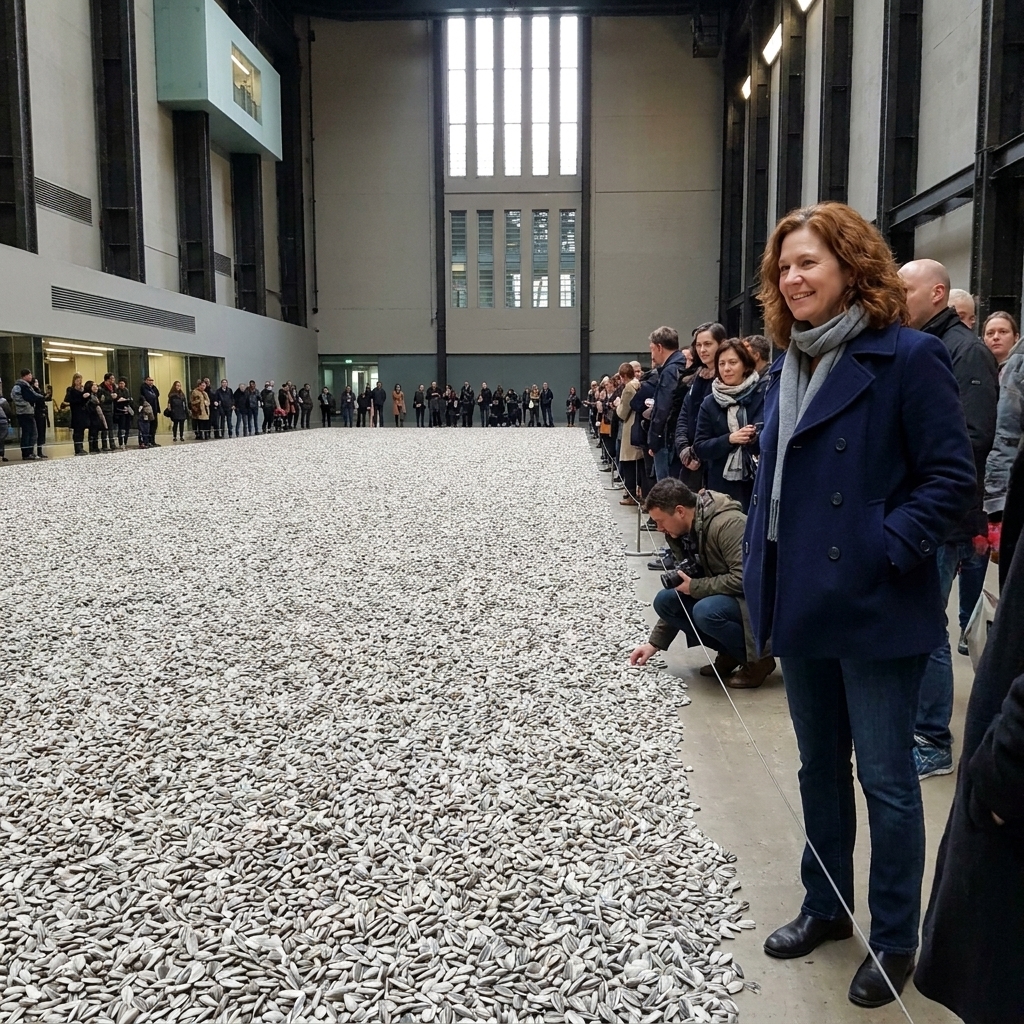 A wide view of Ai Weiwei’s Sunflower Seeds filling the Turbine Hall floor at Tate Modern, with visitors gathered along the edges