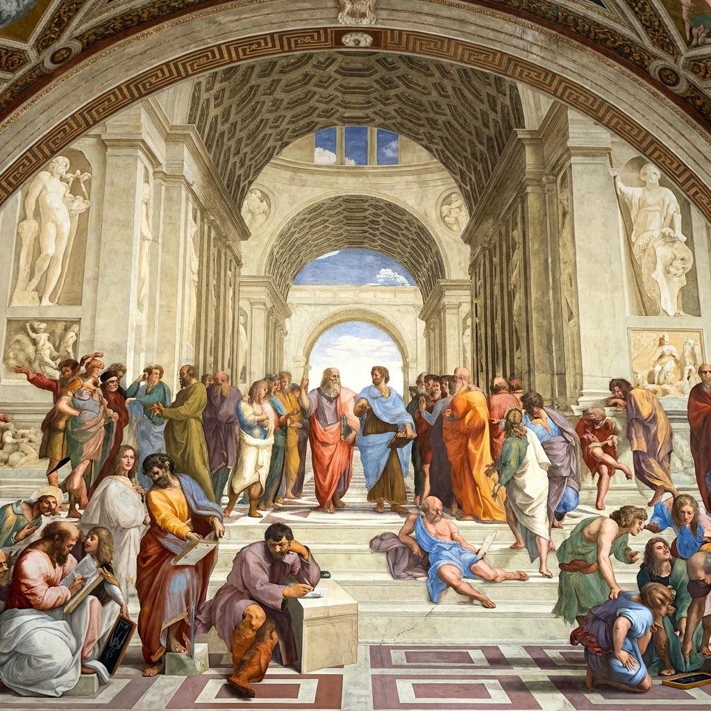 A wide view of Raphael's School of Athens fresco with figures arranged in balanced groups and a strong central architectural axis