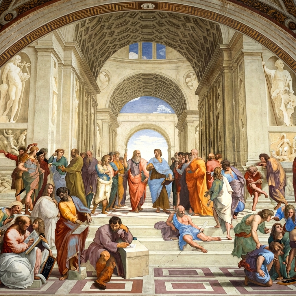 A wide view of Raphael's 'The School of Athens' with the central archway and receding perspective lines guiding the eye toward the middle