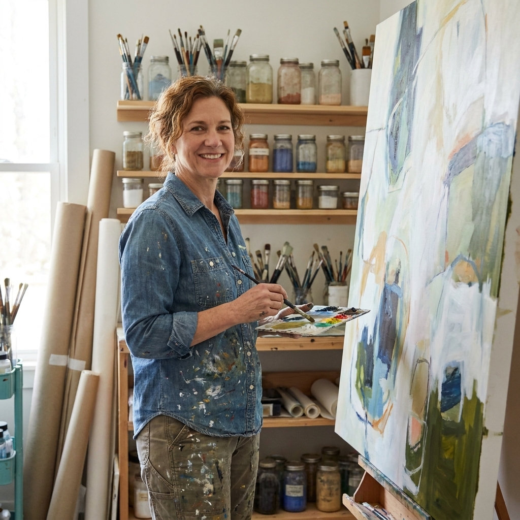 A young contemporary artist in a studio standing beside a large canvas, with paint jars and rolled canvases visible in the background