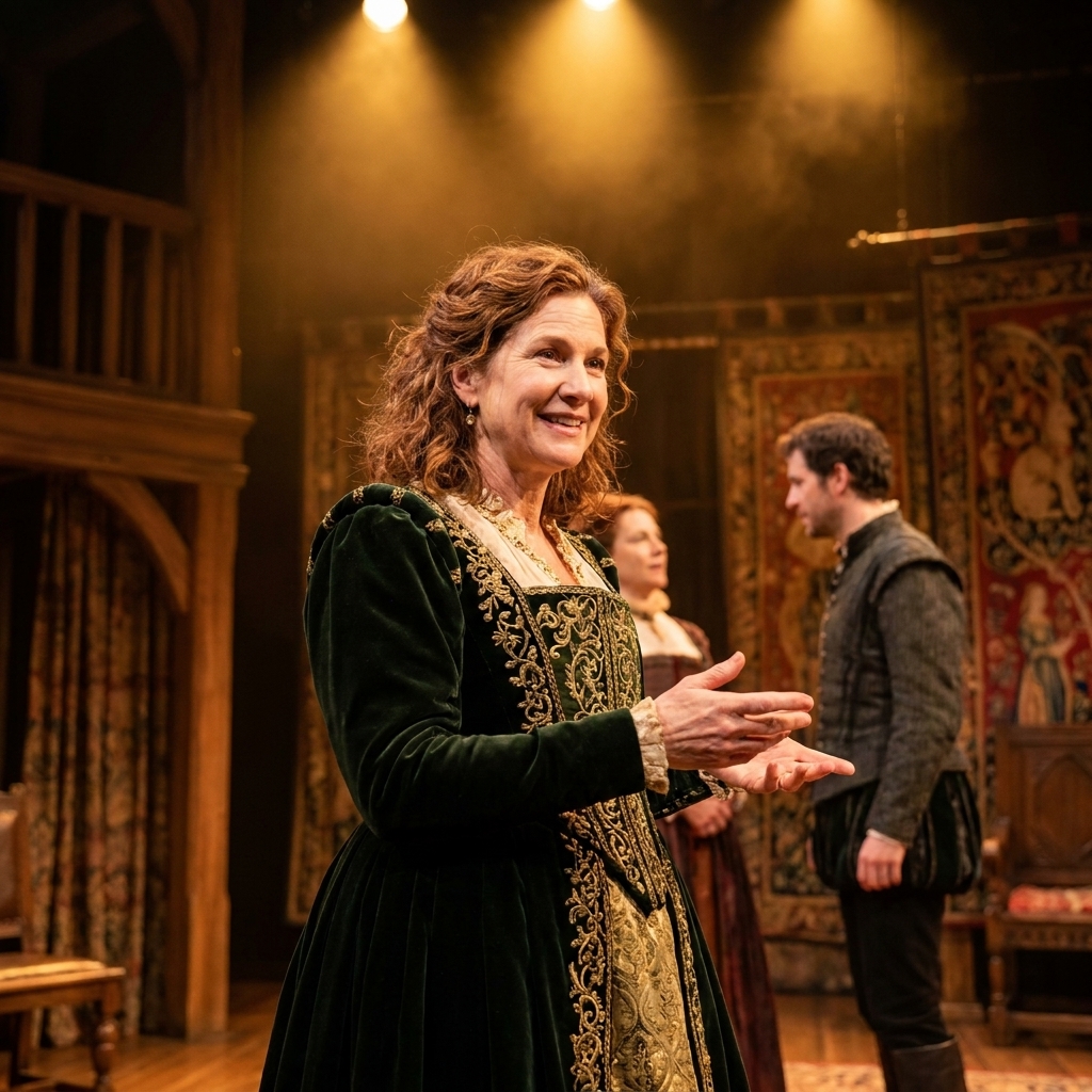 Actors on a proscenium stage during a Royal Shakespeare Company performance, wearing period-inspired costumes under warm theatrical lighting